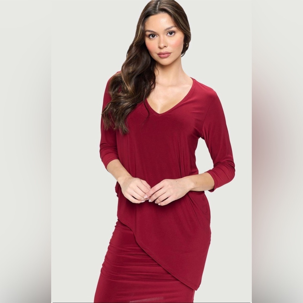Last Tango Burgundy V-Neck Asymmetrical TunicDress - Size